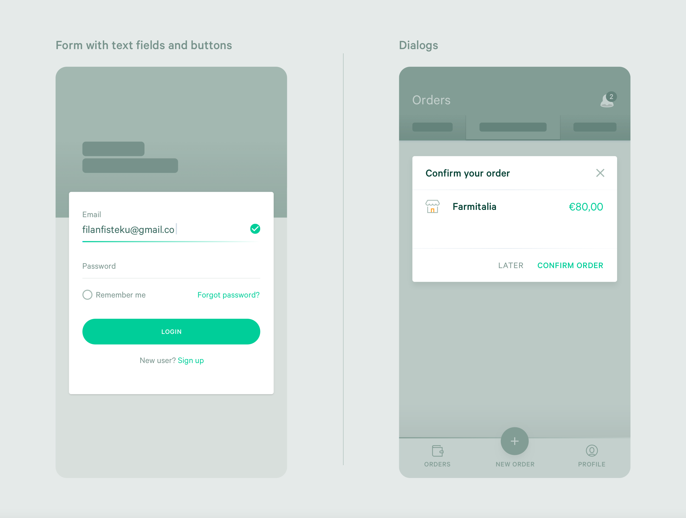 A Form that includes components like Buttons, Radio Buttons, and Text Fields. Also, a Dialog Box that informs the user about a task requiring action.