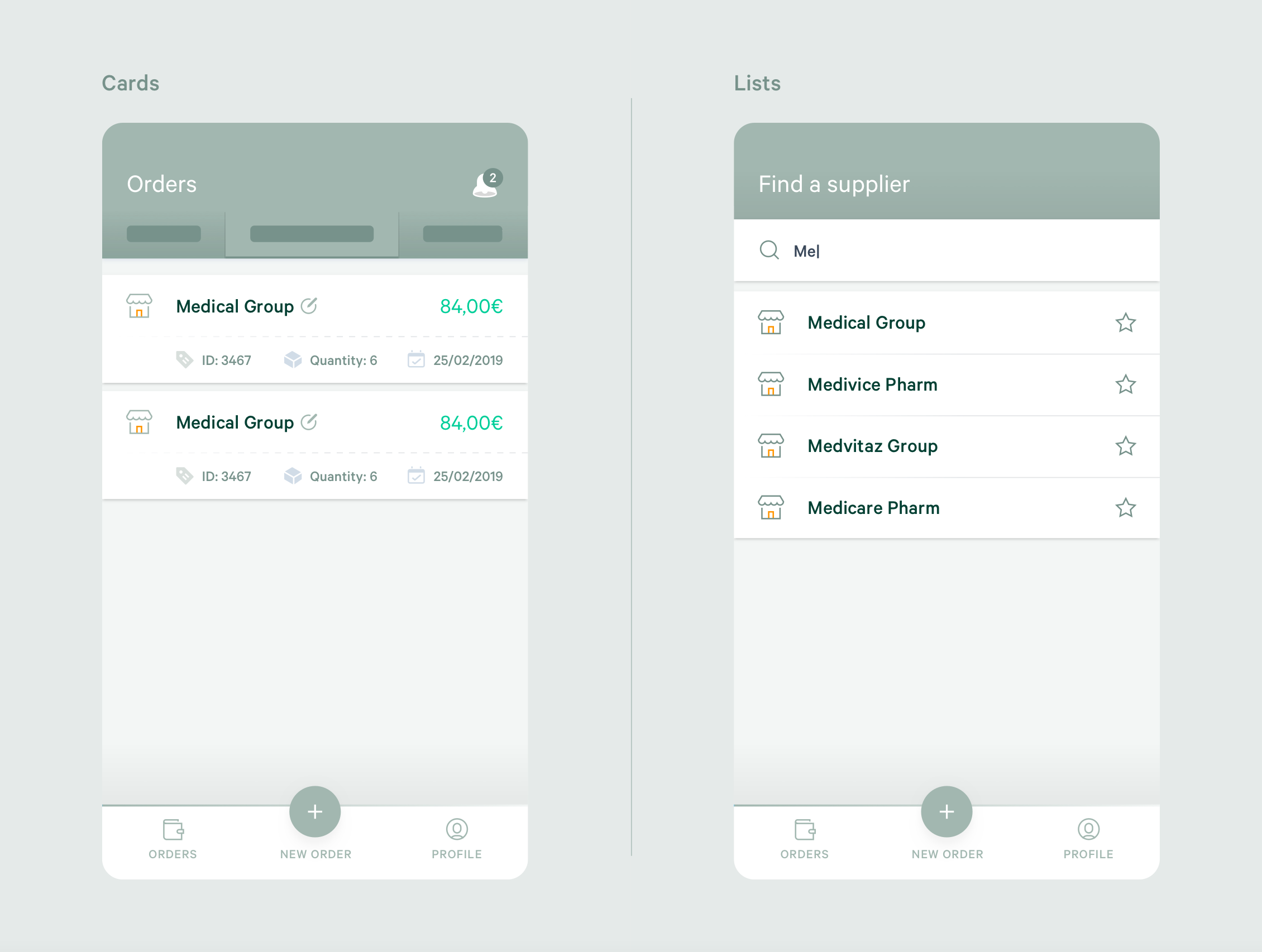 A Card component that contains content and actions about a single subject and a List component that includes vertical indexes of text.