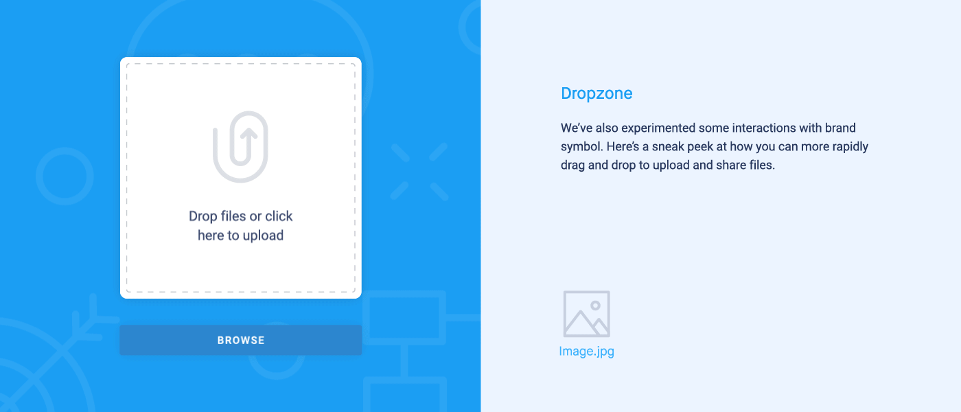 I've also experimented with some interactions with the brand symbol. Here's how you can rapidly drag and drop to upload and share files.