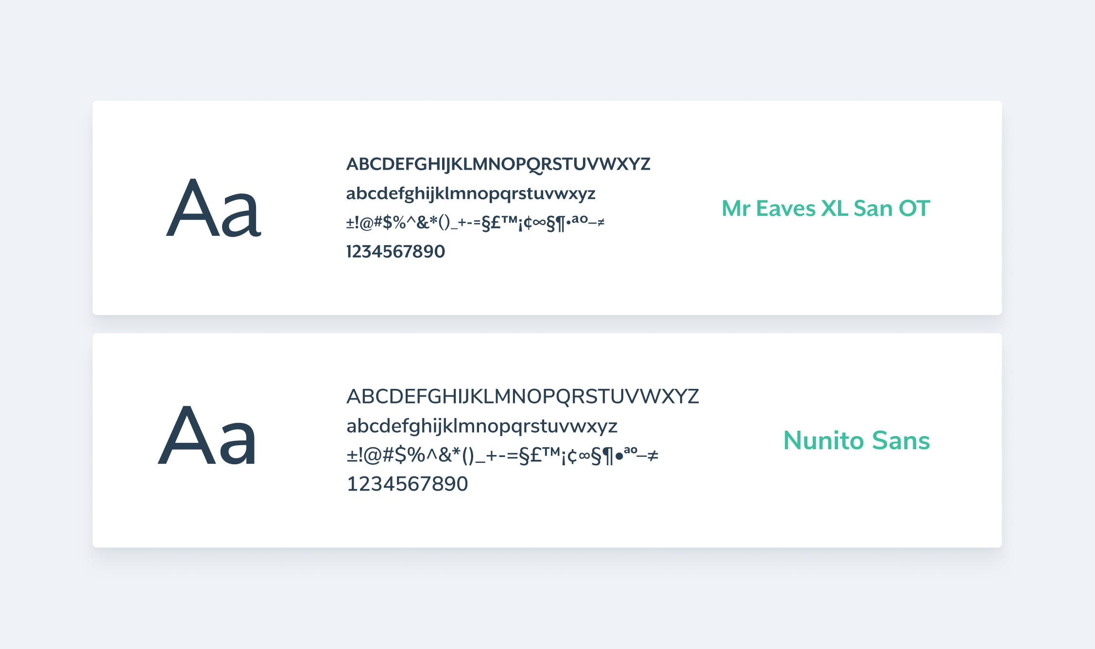 The pairing of Mr Eaves XL and Nunito Sans typefaces.