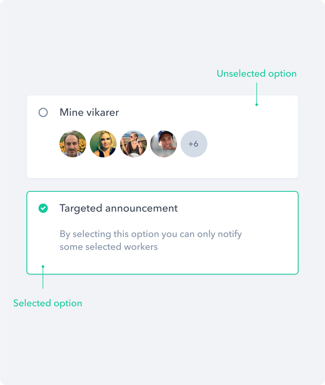 The selection card component that displays as an alternate style variation for checkboxes and radio buttons.