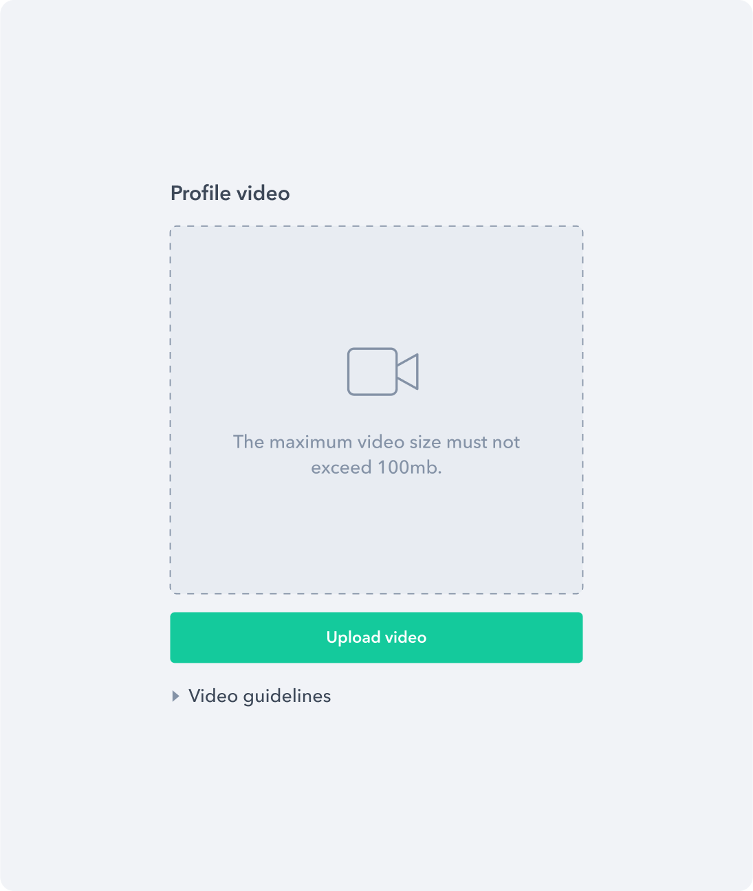 The upload component that allows users to upload one video presentation file.