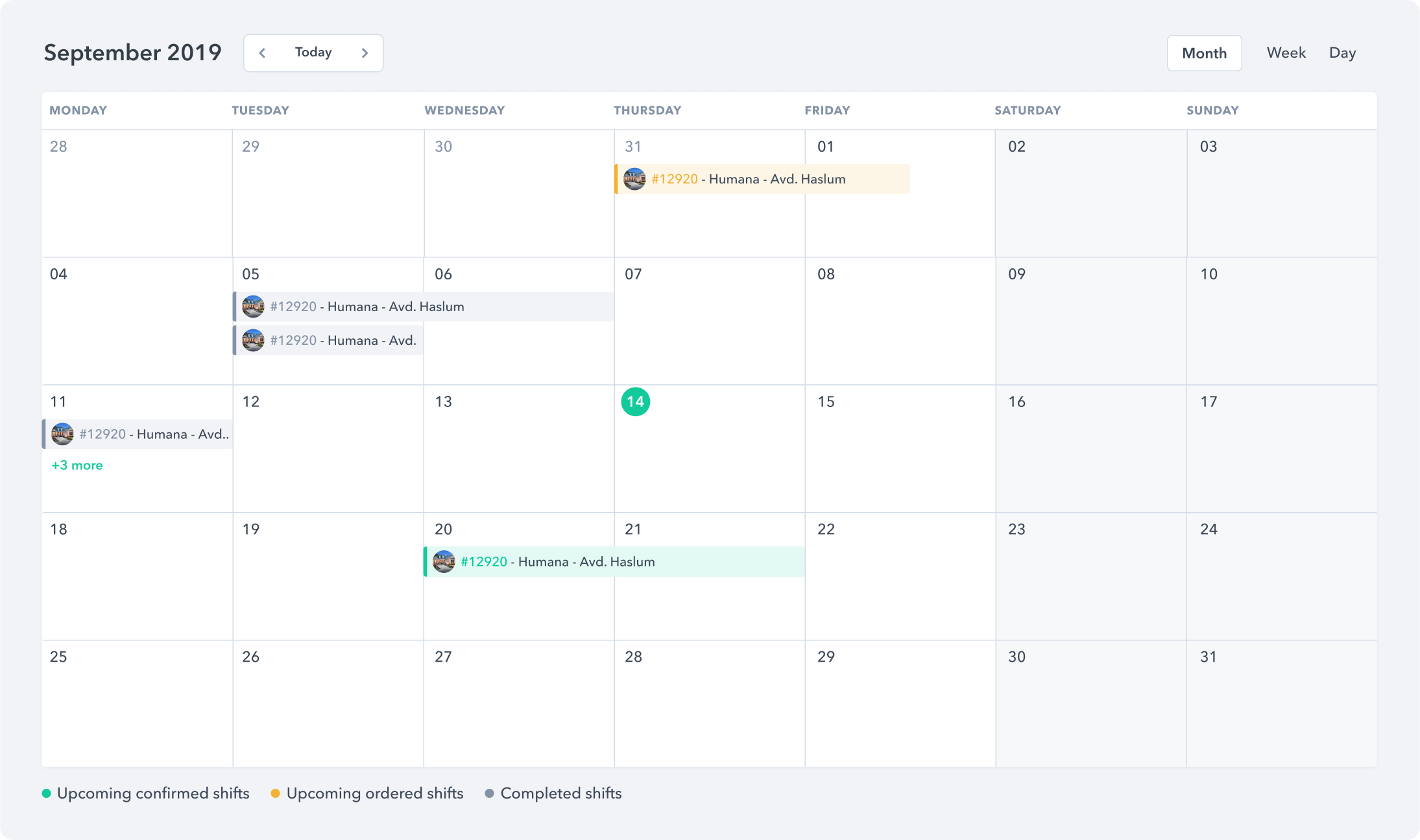 A calendar component that is used to display upcoming, ongoing and completed shifts in month view.