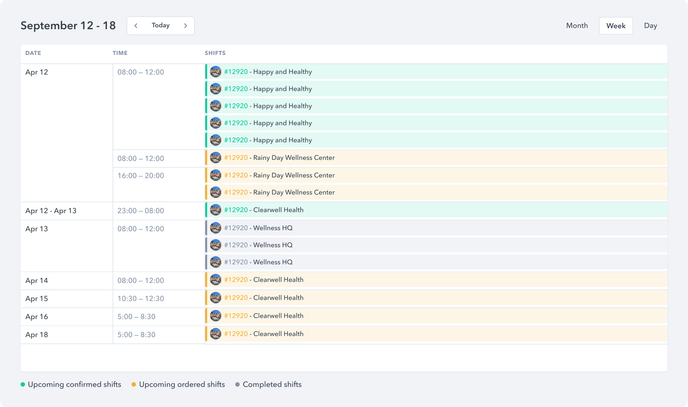 A calendar component that is used to display upcoming, ongoing and completed shifts in week view.