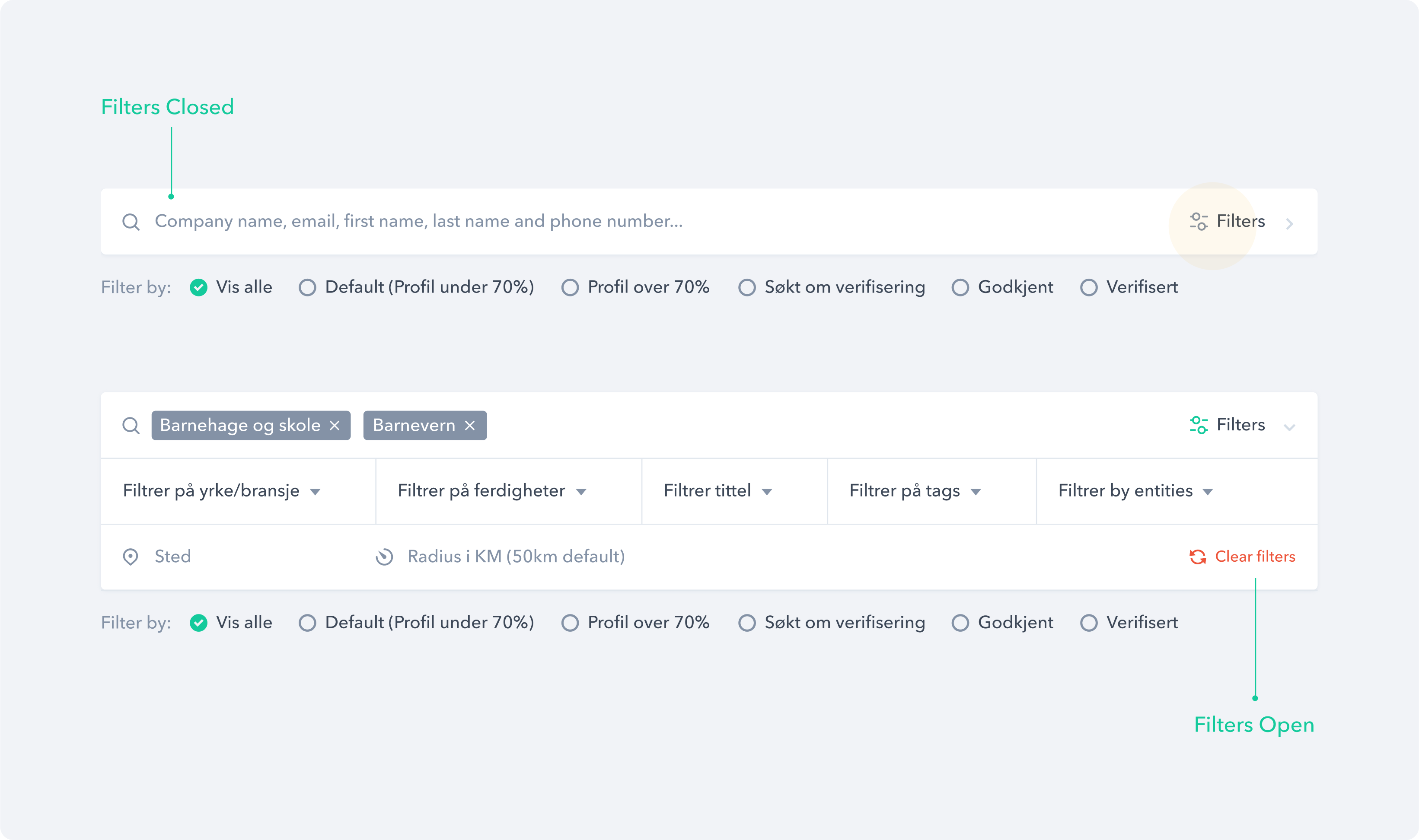 A search filter component that allows users to narrow down and refine the content displayed from the database.