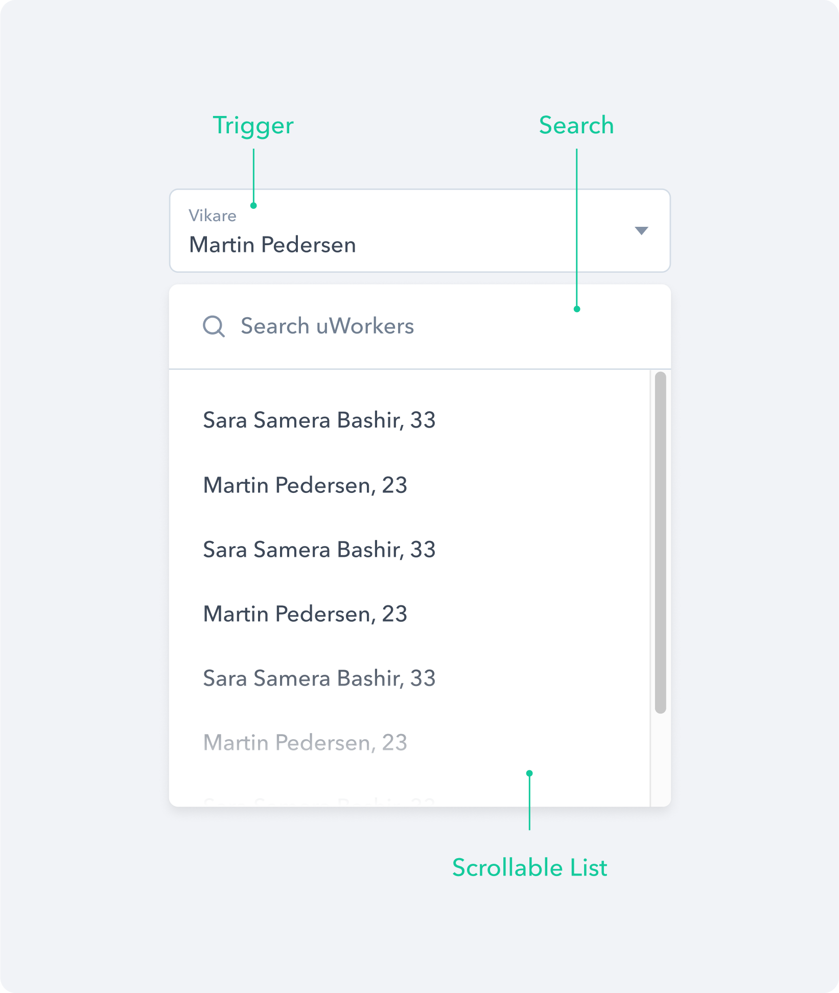 A dropdown component with search functionality that enables users to quickly find and filter options.
