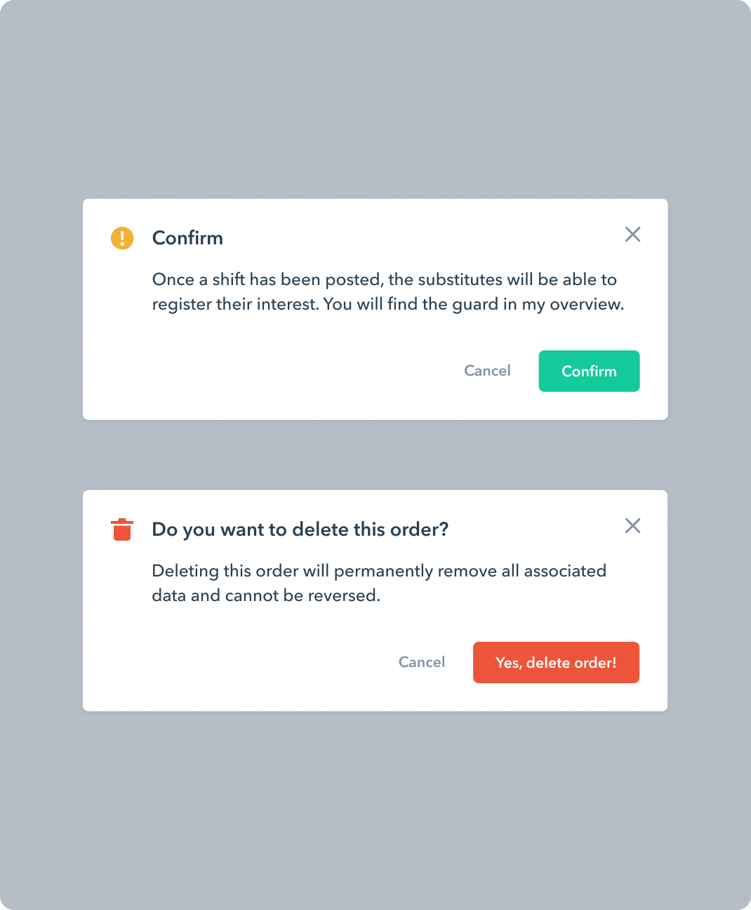 A dialog component that appears at the center of the page in response to a user action.