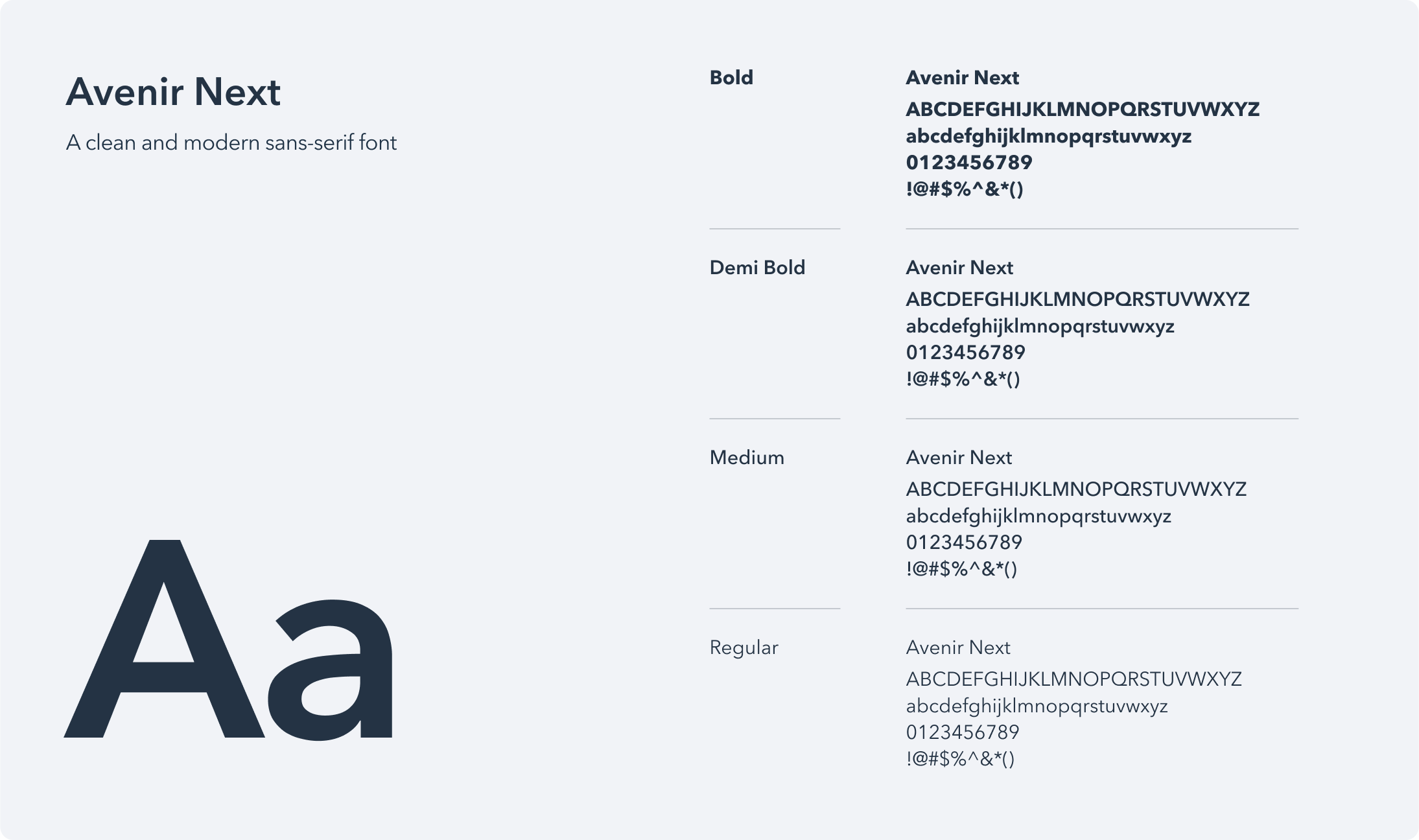uWork's primary typeface is Avenir Next — a robust typeface with legible numbers that renders well at all sizes.